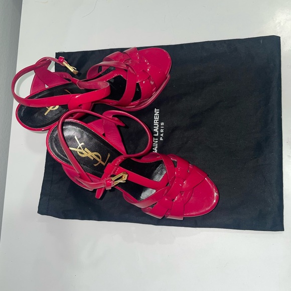 pair of Saint Laurent Tribute Platform Sandals in pink patent leather. - Picture 3 of 12